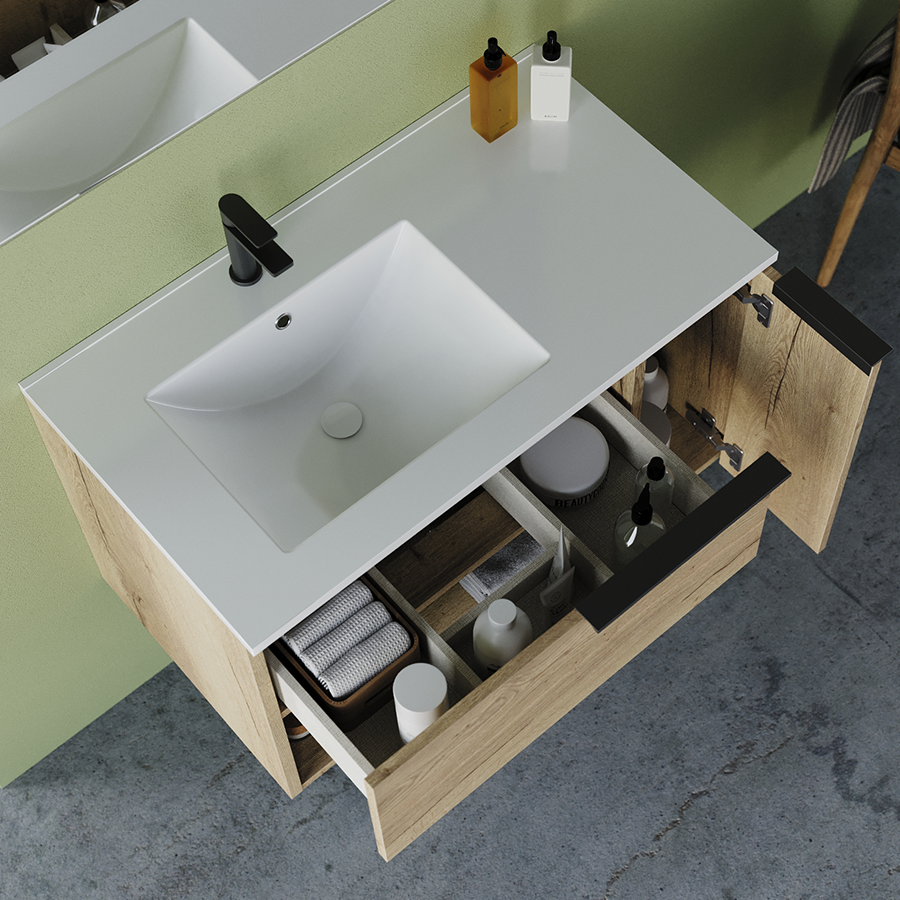 Meuble de salle de bain 80cm avec vasque déportée - 1 tiroir et une niche - MORENA