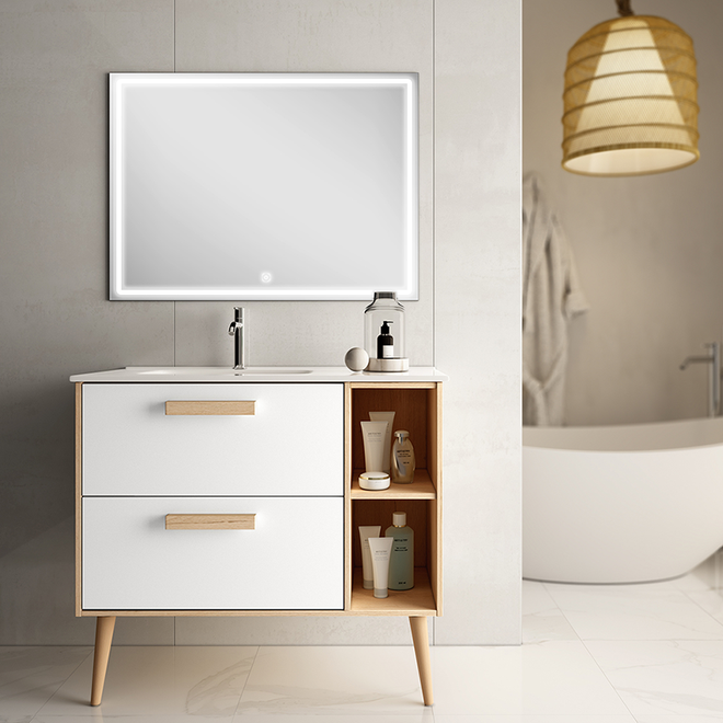 Meuble de salle de bain 80cm vasque déportée - 2 tiroirs - MALIA et miroir Led VELDI