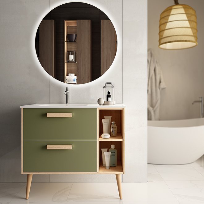 Meuble de salle de bain 80cm vasque déportée - 2 tiroirs - MALIA et miroir rond Led SOLEN