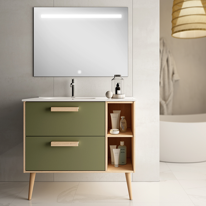 Meuble de salle de bain 80cm vasque déportée - 2 tiroirs - MALIA et miroir Led STAM