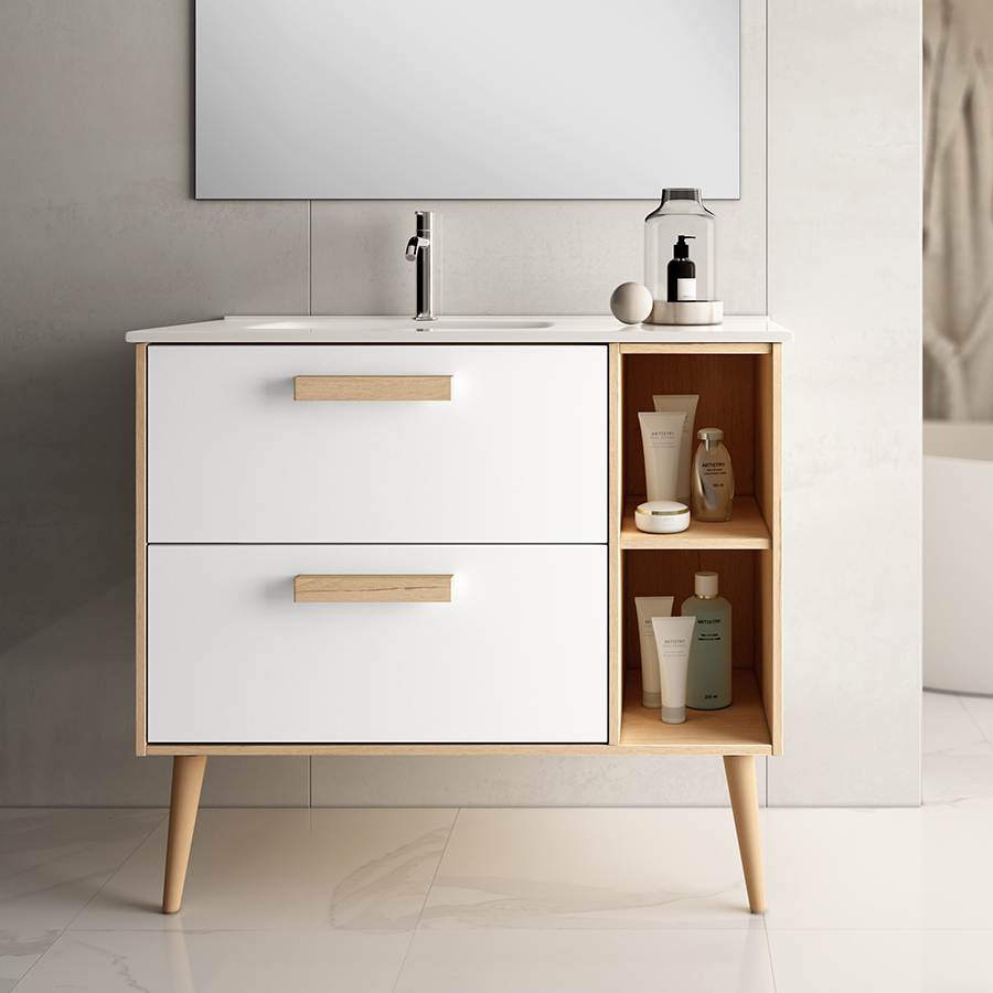 Meuble de salle de bain 80cm vasque déportée - 2 tiroirs - sans miroir - MALIA