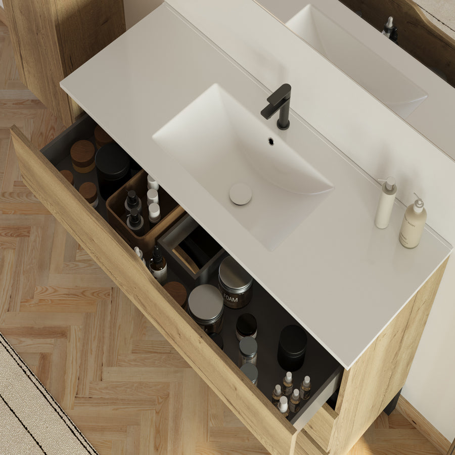 Meuble de salle de bain 100cm simple vasque - 3 tiroirs - MATA