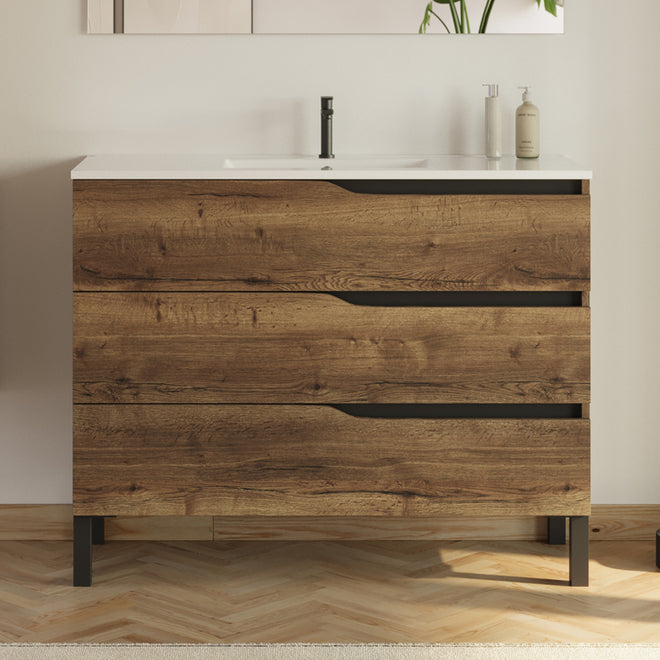 Meuble de salle de bain 100cm simple vasque - sans miroir - 3 tiroirs - MATA