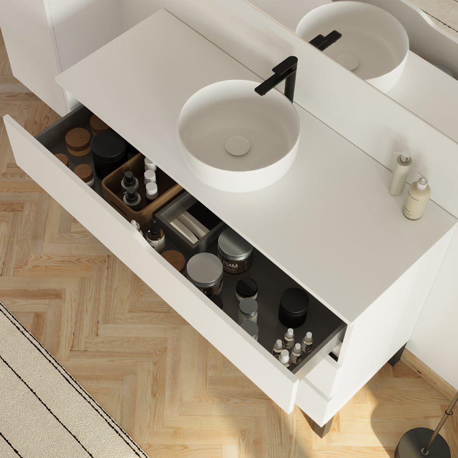 Meuble de salle de bain 120 avec plateau et vasque à poser - 3 tiroirs - MATA