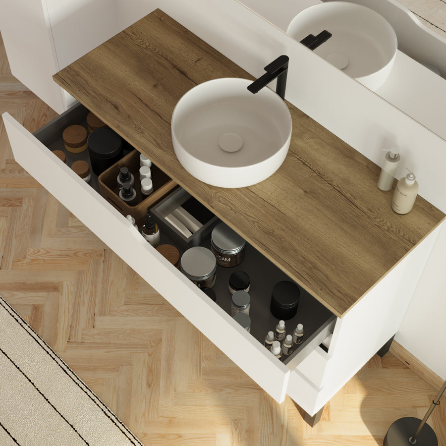 Meuble de salle de bain 120 avec plateau et vasque à poser - 3 tiroirs - MATA