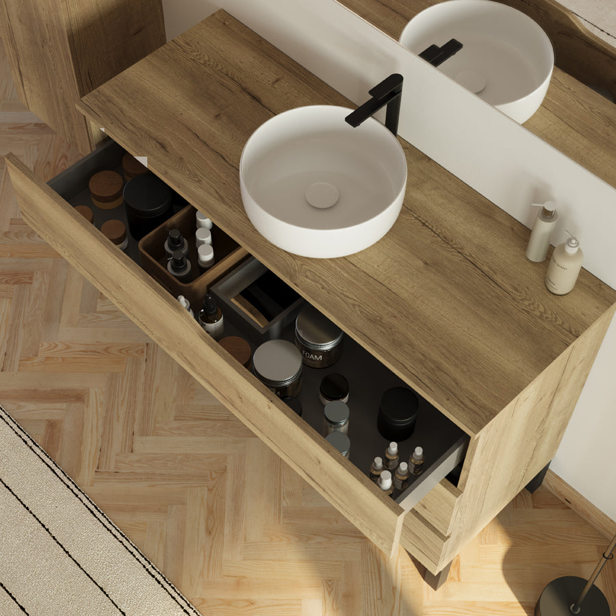 Meuble de salle de bain 120 avec plateau et vasque à poser - 3 tiroirs - MATA