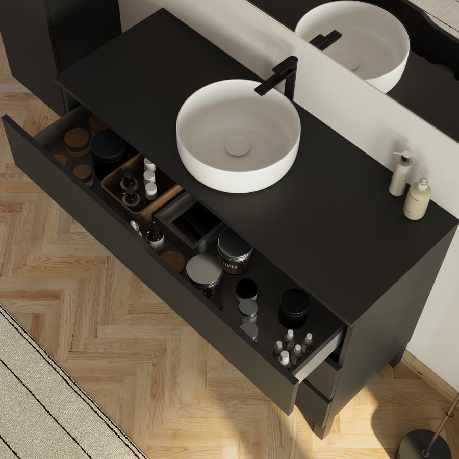 Meuble de salle de bain 120 avec plateau et vasque à poser - 3 tiroirs - MATA