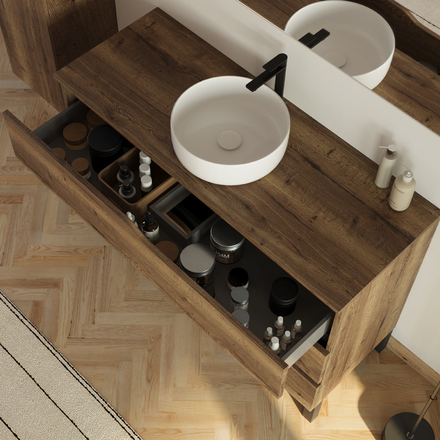 Meuble de salle de bain 120 avec plateau et vasque à poser - 3 tiroirs - MATA