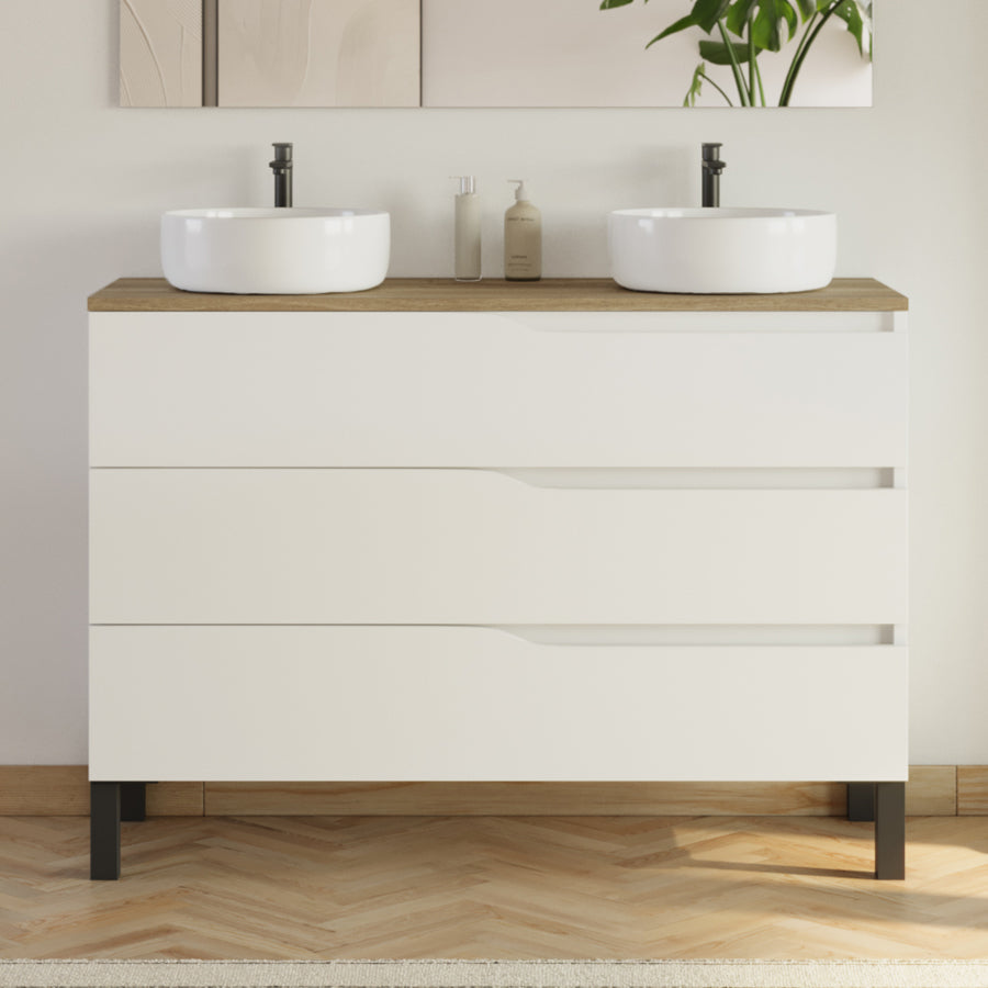 Meuble de salle de bain 120cm avec plateau et 2 vasques à poser Ares - sans miroir - 3 tiroirs - MATA