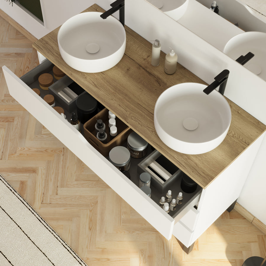 Meuble de salle de bain 120cm avec plateau et 2 vasques à poser Ares - sans miroir - 3 tiroirs - MATA