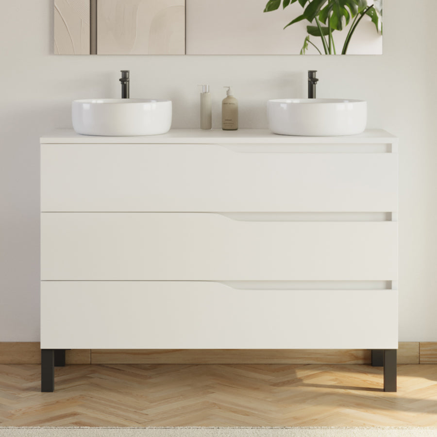 Meuble de salle de bain 120cm avec plateau et 2 vasques à poser Ares - sans miroir - 3 tiroirs - MATA