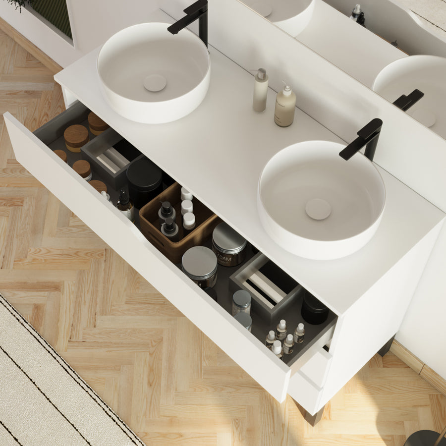 Meuble de salle de bain 120cm avec plateau et 2 vasques à poser Ares - sans miroir - 3 tiroirs - MATA