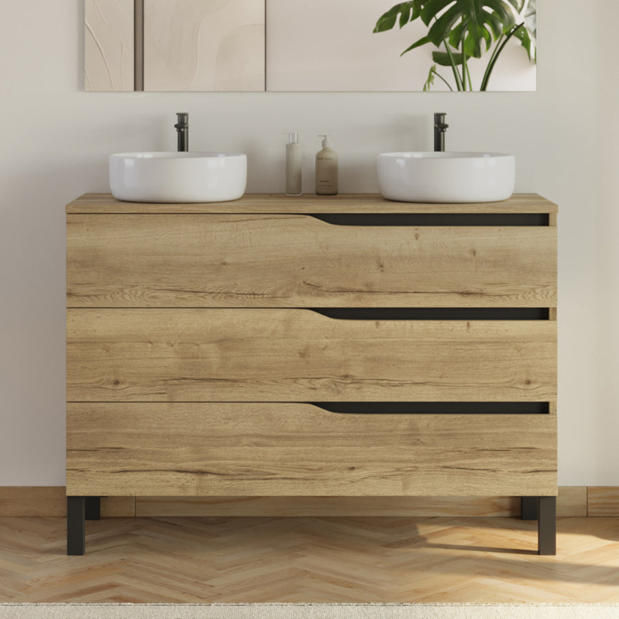 Meuble de salle de bain 120cm avec plateau et 2 vasques à poser Ares - sans miroir - 3 tiroirs - MATA