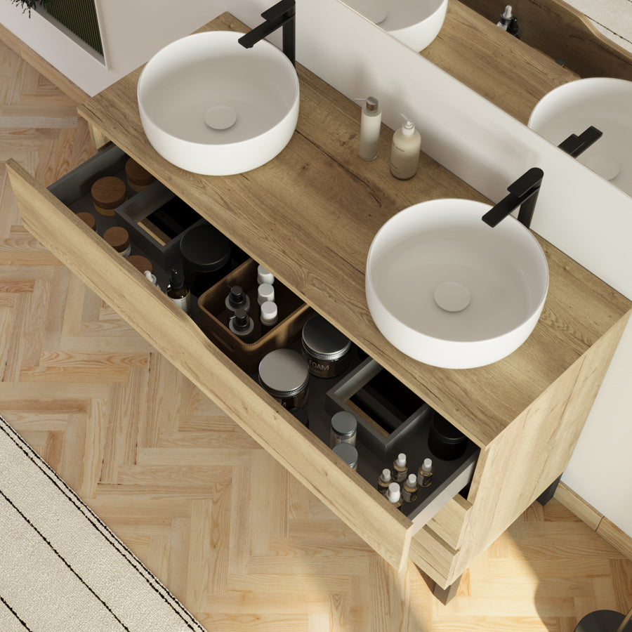 Meuble de salle de bain 120cm avec plateau et 2 vasques à poser Ares - sans miroir - 3 tiroirs - MATA