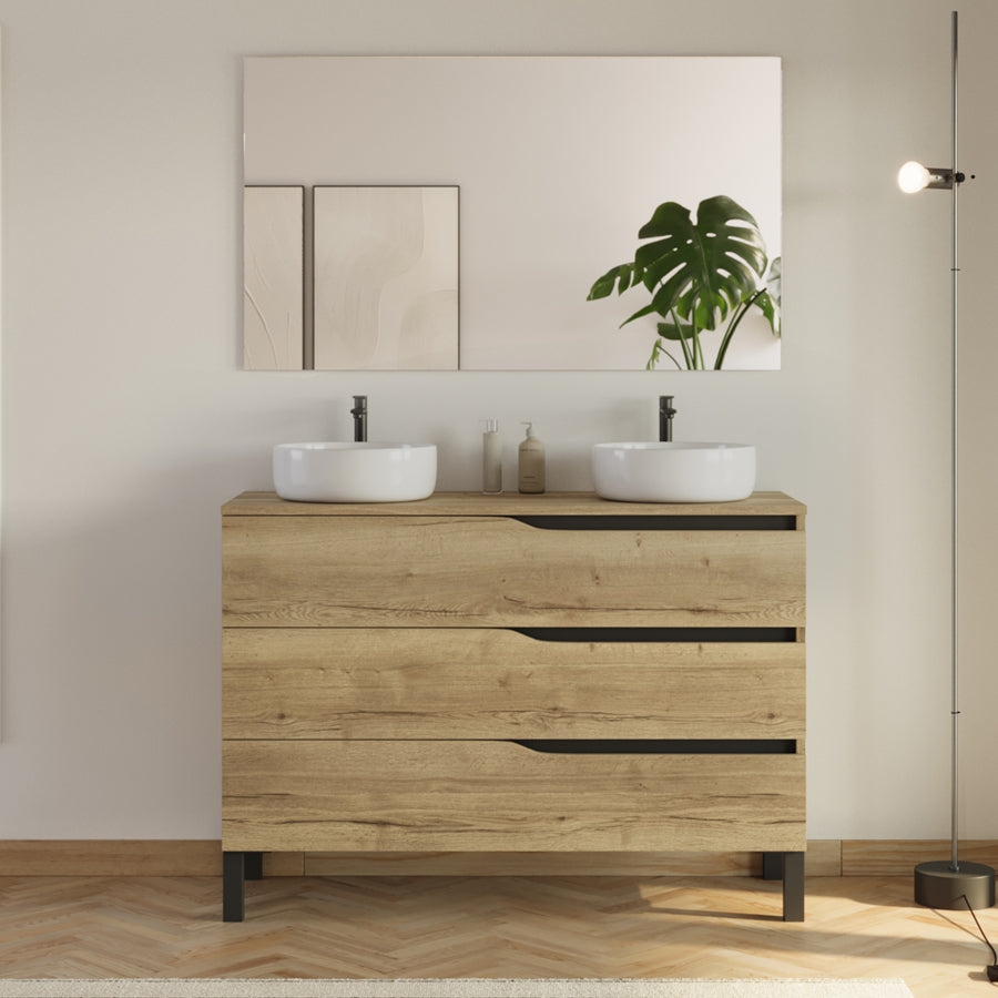 Meuble de salle de bain 120cm avec plateau et 2 vasques à poser Ares - 3 tiroirs - MATA