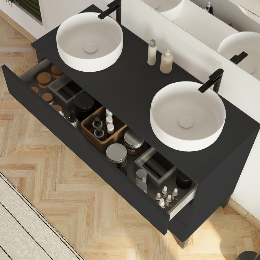 Meuble de salle de bain 120cm avec plateau et 2 vasques à poser Ares - sans miroir - 3 tiroirs - MATA