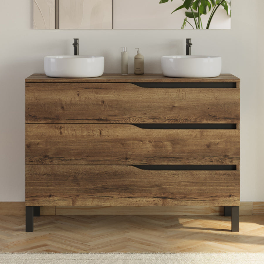 Meuble de salle de bain 120cm avec plateau et 2 vasques à poser Ares - sans miroir - 3 tiroirs - MATA