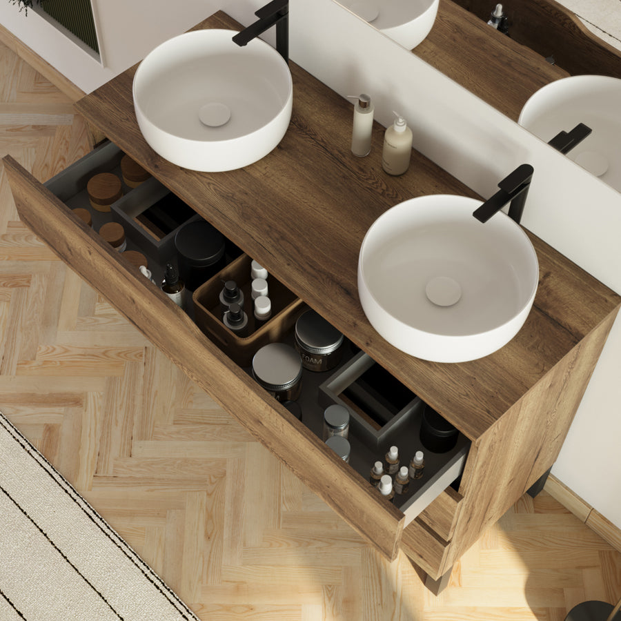Meuble de salle de bain 120cm avec plateau et 2 vasques à poser Ares - sans miroir - 3 tiroirs - MATA