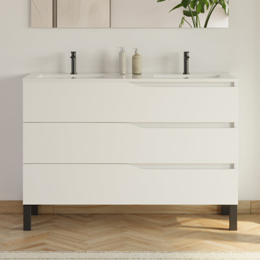 Meuble de salle de bain 120cm avec plan double vasque - 3 tiroirs - sans miroir - MATA