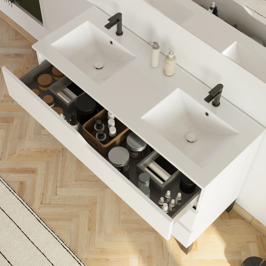 Meuble de salle de bain 120cm avec plan double vasque - 3 tiroirs - sans miroir - MATA