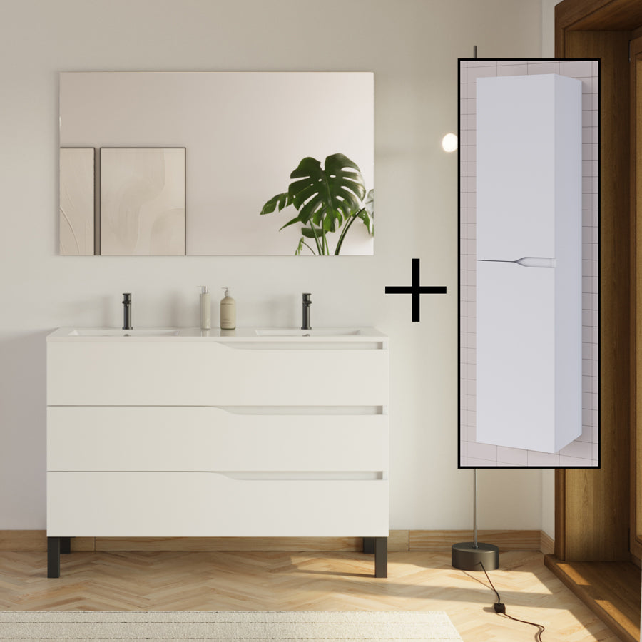 Meuble de salle de bain MATA 120 cm double vasque et colonne blanc