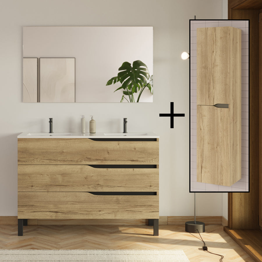 Meuble de salle de bain MATA 120 cm double vasque et colonne miel