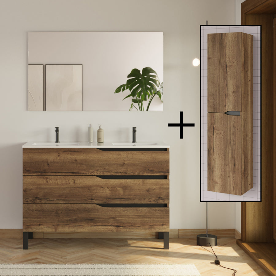 Meuble de salle de bain MATA 120 cm double vasque et colonne tabaco