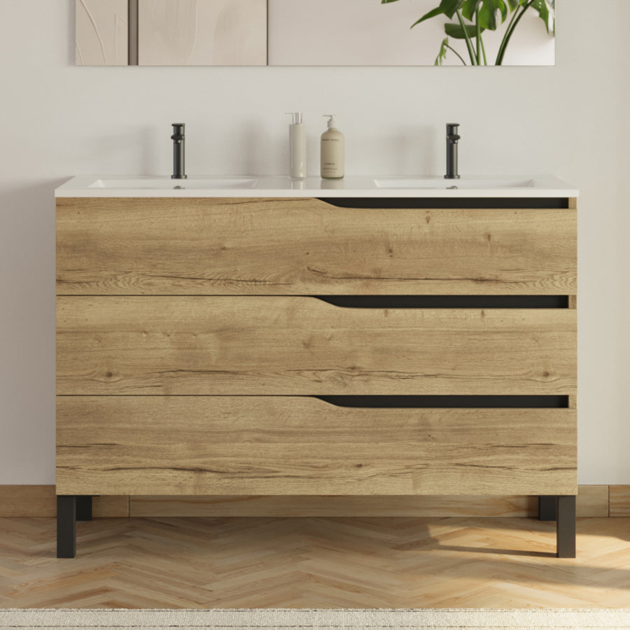 Meuble de salle de bain 120cm avec plan double vasque - 3 tiroirs - sans miroir - MATA