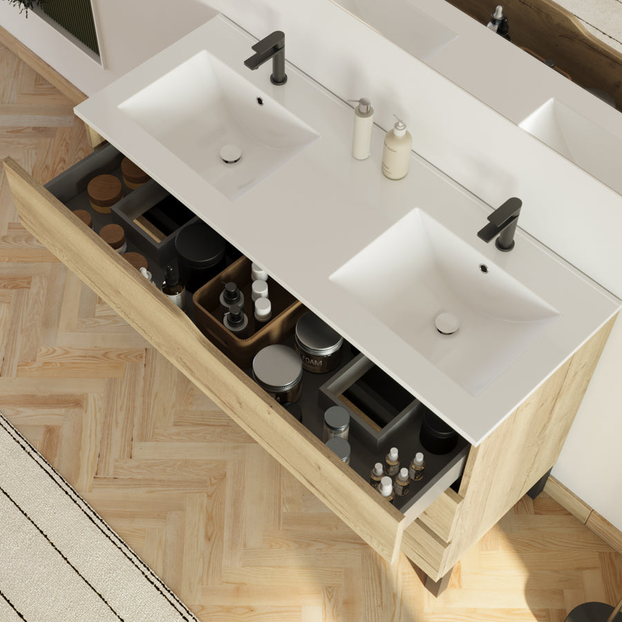 Meuble de salle de bain 120cm avec plan double vasque - 3 tiroirs - sans miroir - MATA