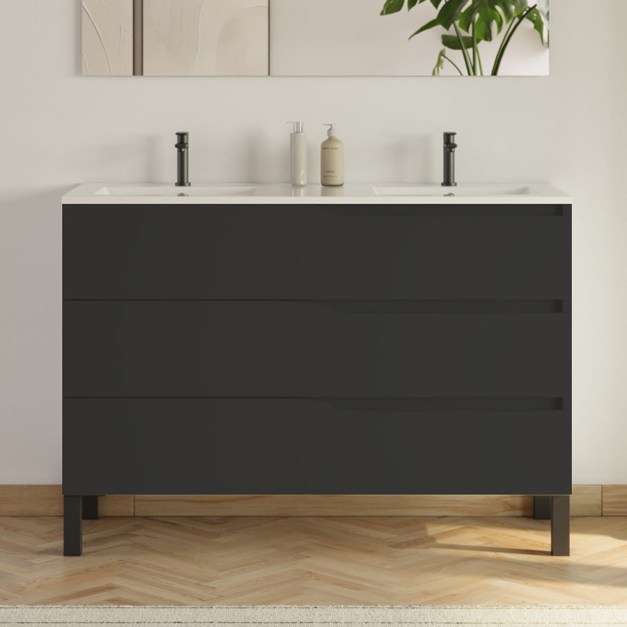 Meuble de salle de bain 120cm avec plan double vasque - 3 tiroirs - sans miroir - MATA