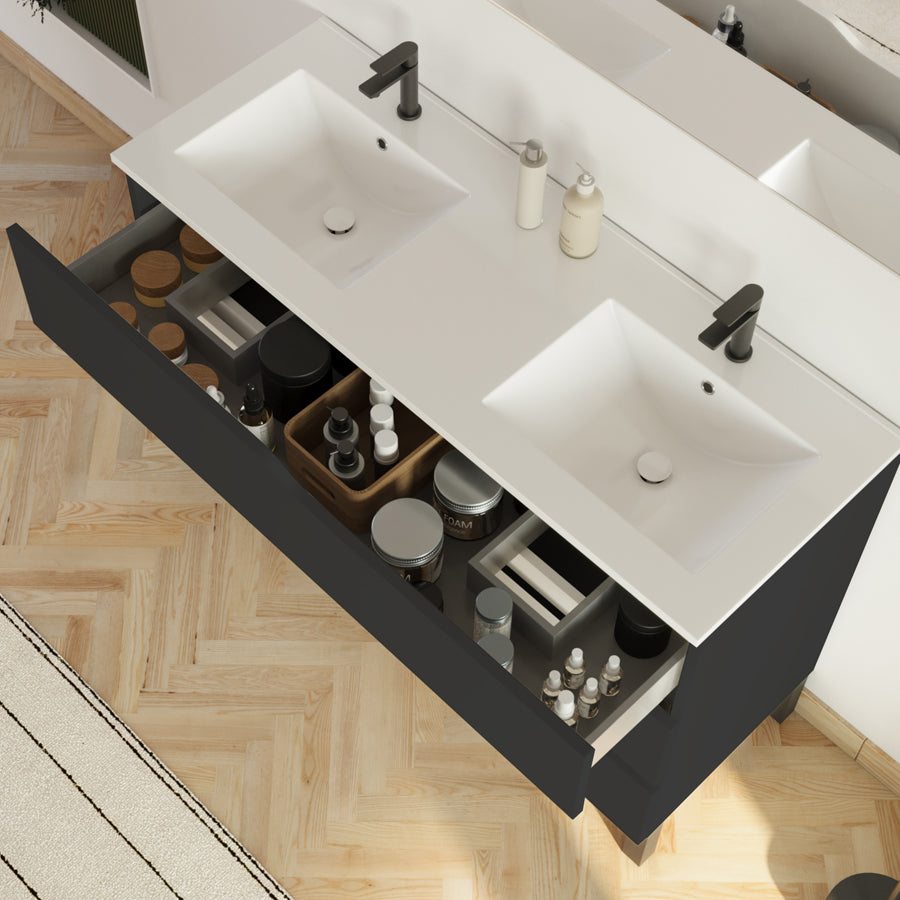 Meuble de salle de bain 120cm avec plan double vasque - 3 tiroirs - sans miroir - MATA