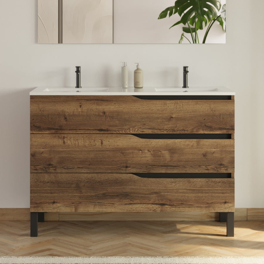 Meuble de salle de bain 120cm avec plan double vasque - 3 tiroirs - sans miroir - MATA