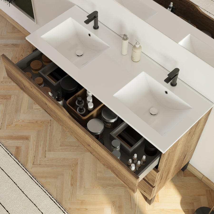Meuble de salle de bain 120cm avec plan double vasque - 3 tiroirs - sans miroir - MATA