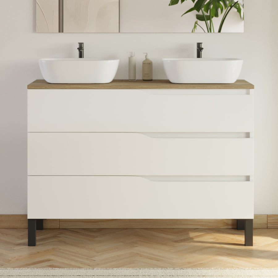 Meuble de salle de bain 120cm avec plateau et 2 vasques à poser Zeus - 3 tiroirs - MATA