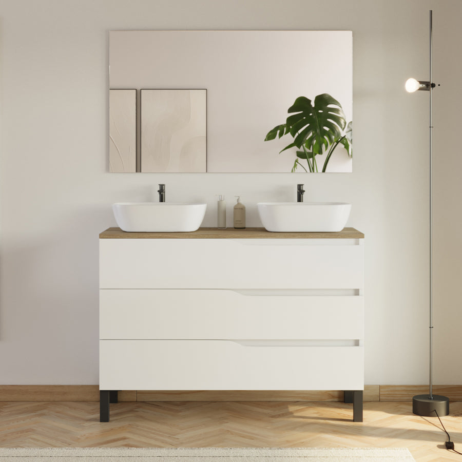 Meuble de salle de bain 120cm avec plateau et 2 vasques à poser Zeus - 3 tiroirs - MATA