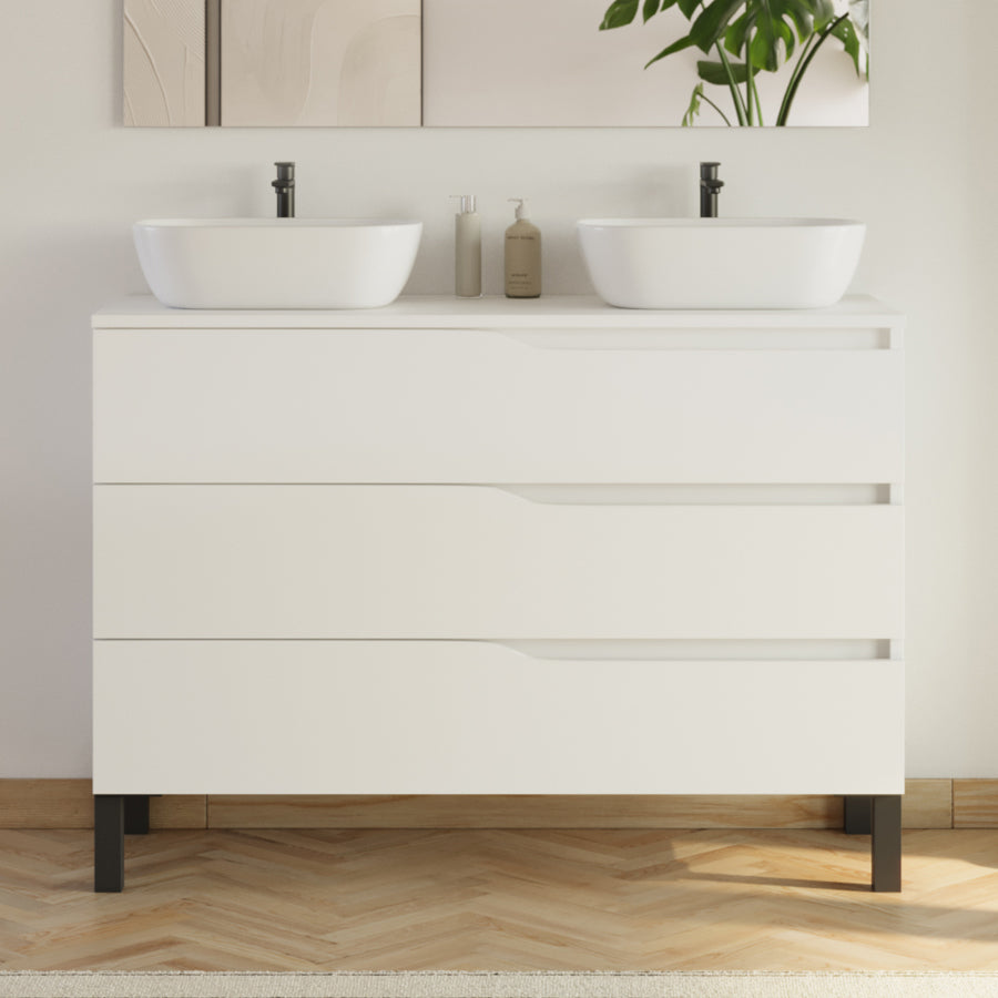 Meuble de salle de bain 120cm avec plateau et 2 vasques à poser Zeus - 3 tiroirs - MATA