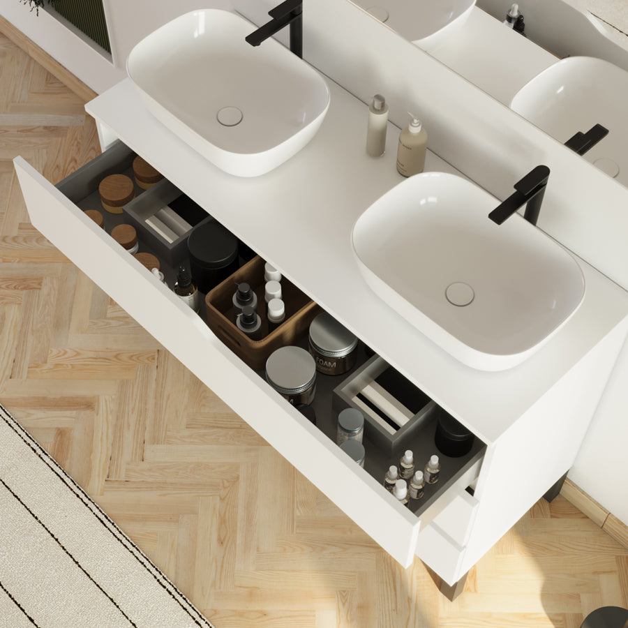 Meuble de salle de bain 120cm avec plateau et 2 vasques à poser Zeus - 3 tiroirs - MATA