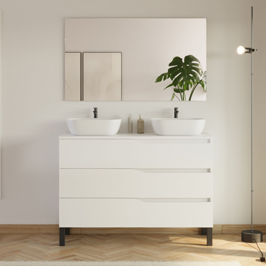 Meuble de salle de bain 120cm avec plateau et 2 vasques à poser Zeus - 3 tiroirs - MATA