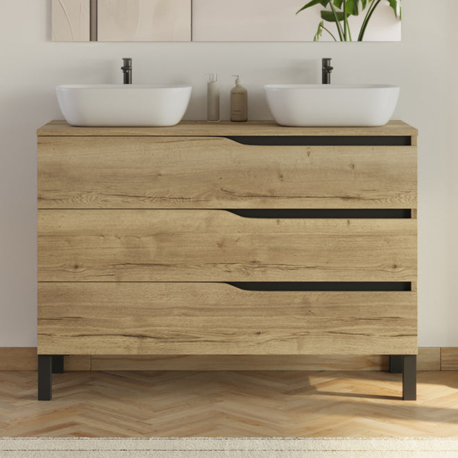 Meuble de salle de bain 120cm avec plateau et 2 vasques à poser Zeus - sans miroir - 3 tiroirs - MATA