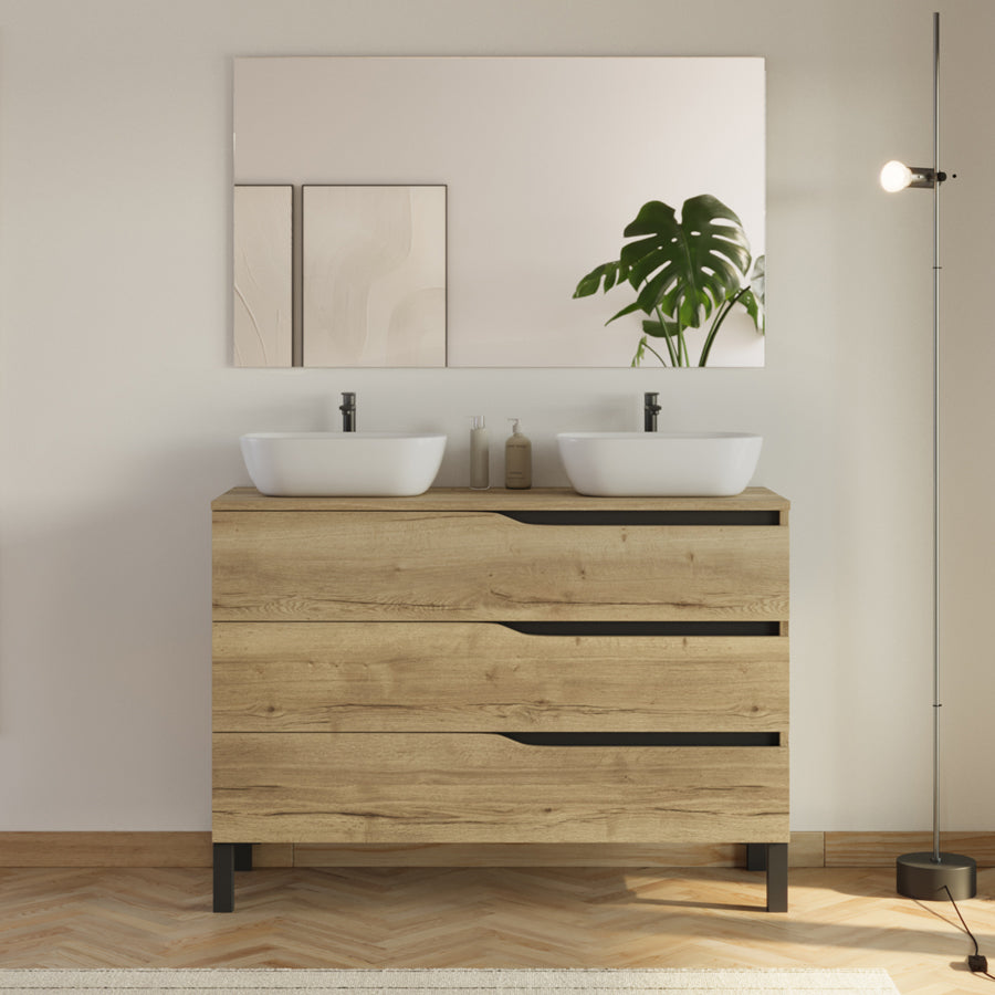 Meuble de salle de bain 120cm avec plateau et 2 vasques à poser Zeus - 3 tiroirs - MATA