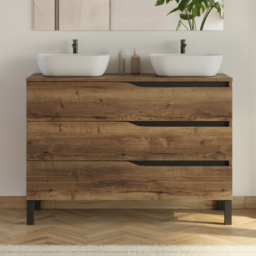 Meuble de salle de bain 120cm avec plateau et 2 vasques à poser Zeus - 3 tiroirs - MATA