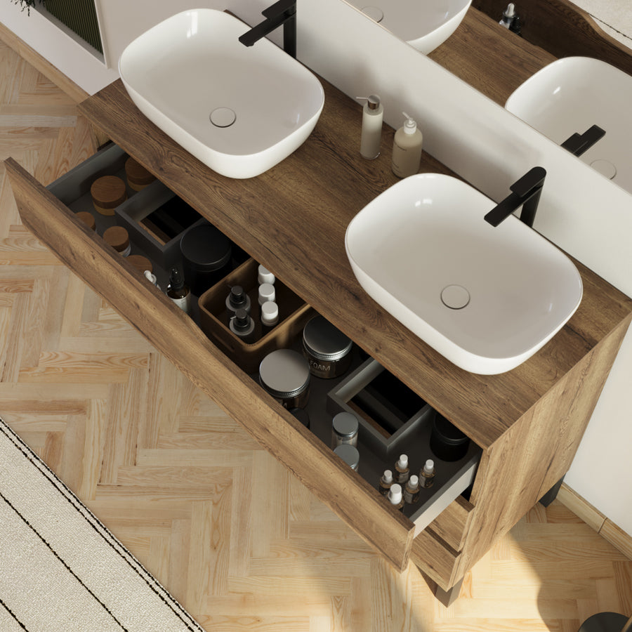 Meuble de salle de bain 120cm avec plateau et 2 vasques à poser Zeus - 3 tiroirs - MATA