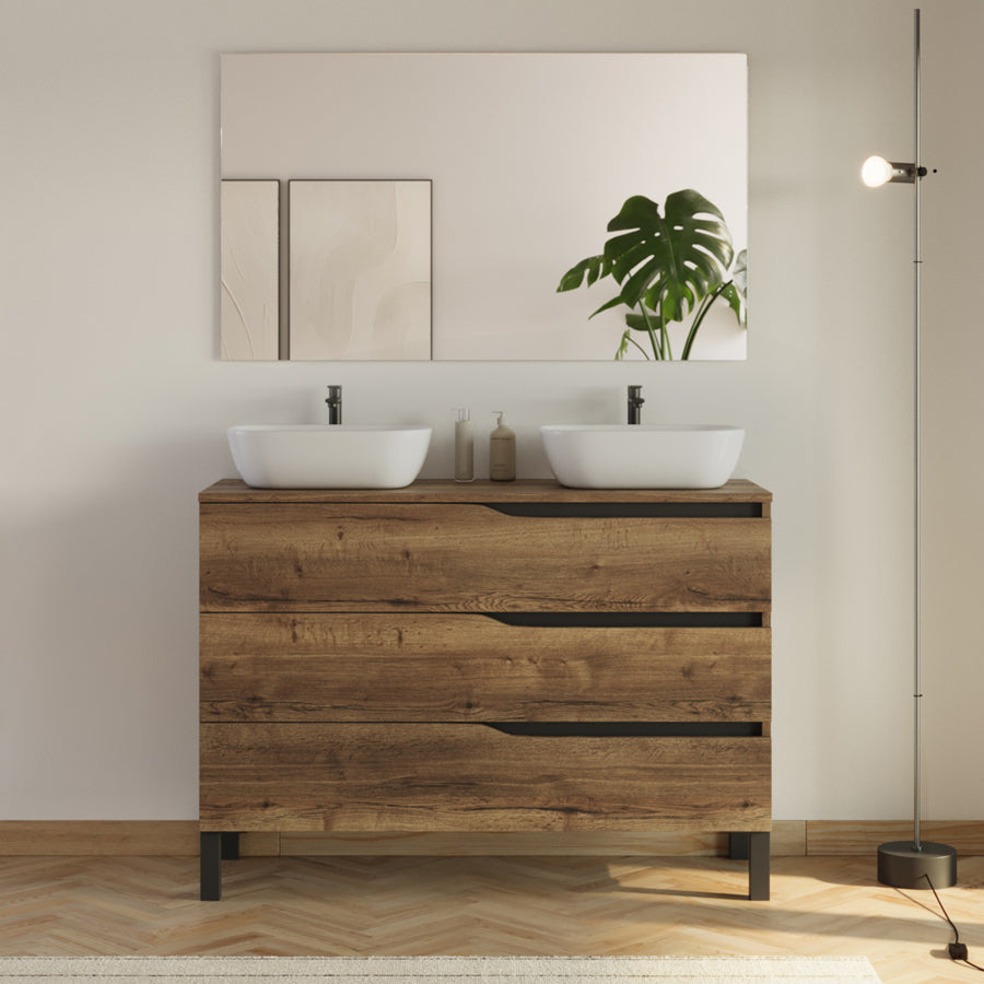 Meuble de salle de bain 120cm avec plateau et 2 vasques à poser Zeus - 3 tiroirs - MATA