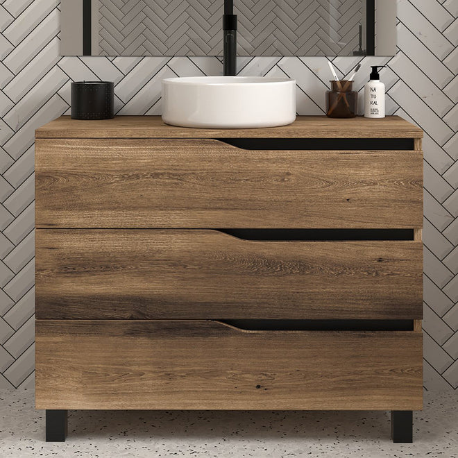 Meuble de salle de bain 100 avec plateau et vasque à poser - sans miroir - 3 tiroirs - MATA
