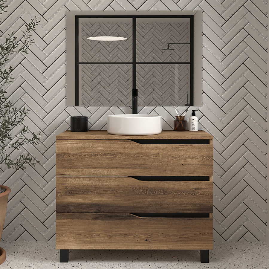 Meuble de salle de bain 90cm avec plateau et vasque à poser - 3 tiroirs - MATA