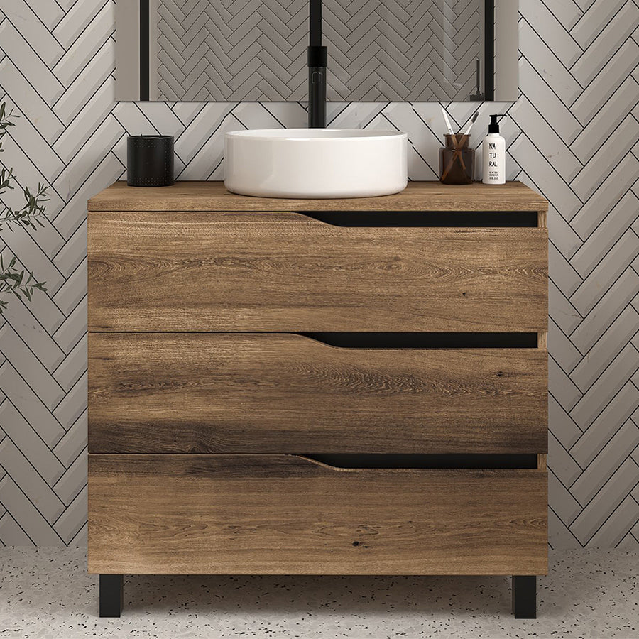 Meuble de salle de bain MATA 3 tiroirs avec cuve 60 cm tabaco sans miroir