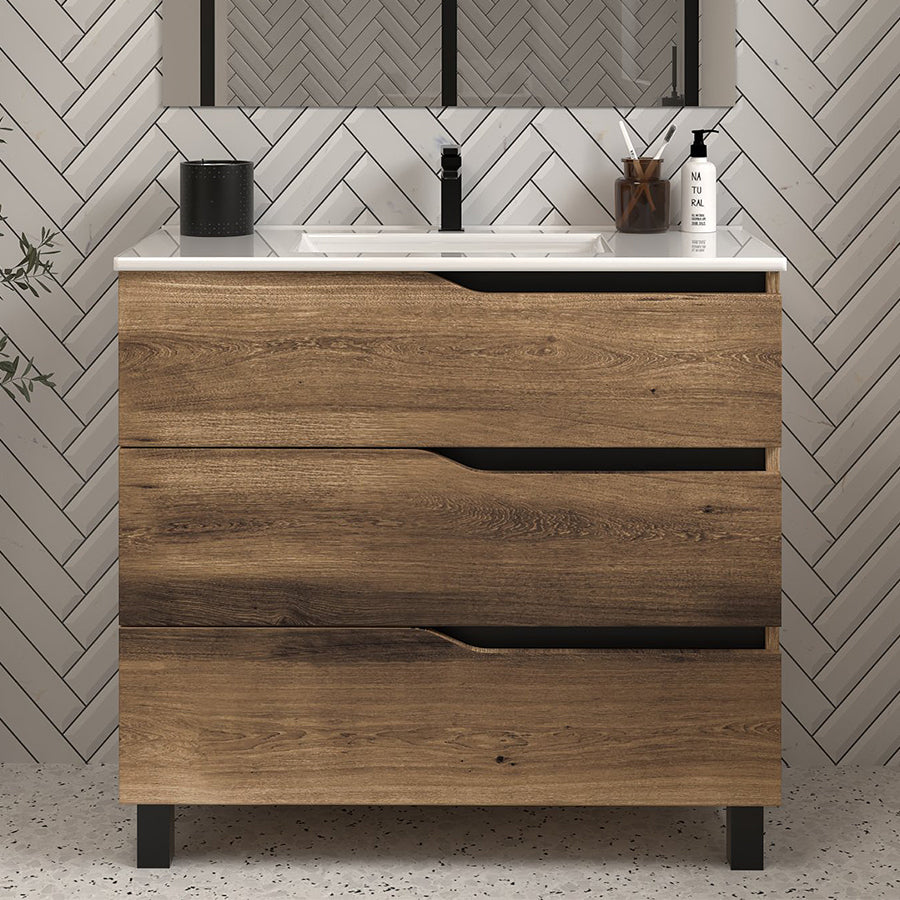Meuble de salle de bain 90cm simple vasque - sans miroir - 3 tiroirs - MATA