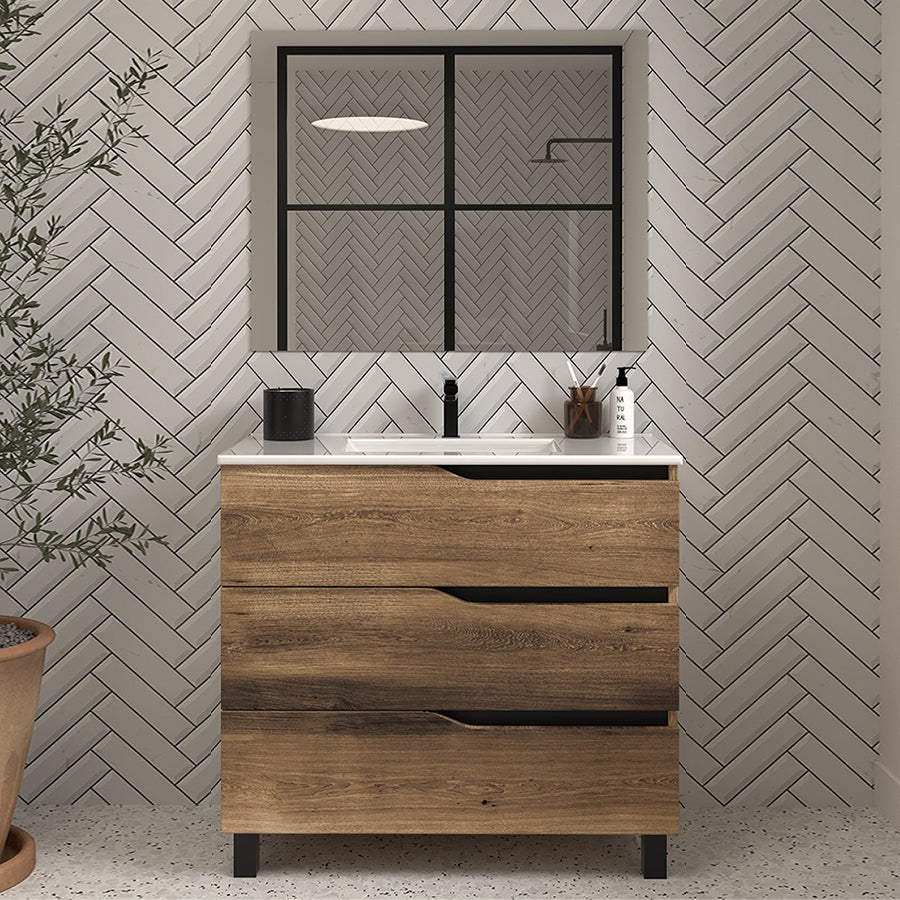 Meuble de salle de bain 90cm simple vasque - 3 tiroirs - MATA