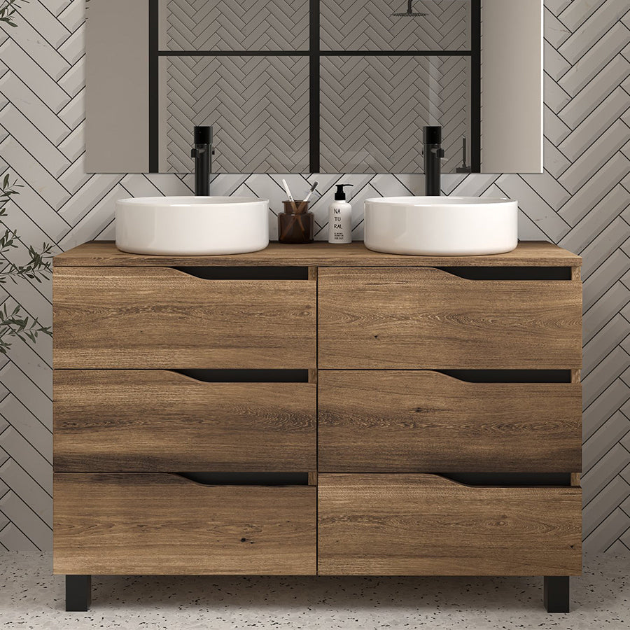 Meuble de salle de bain 120 avec plateau et 2 vasques à poser - 6 tiroirs - MATA