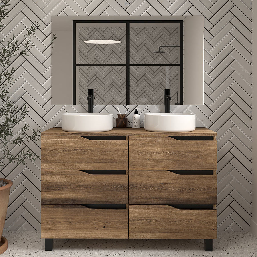 Meuble de salle de bain 120 avec plateau et 2 vasques à poser - 6 tiroirs - MATA